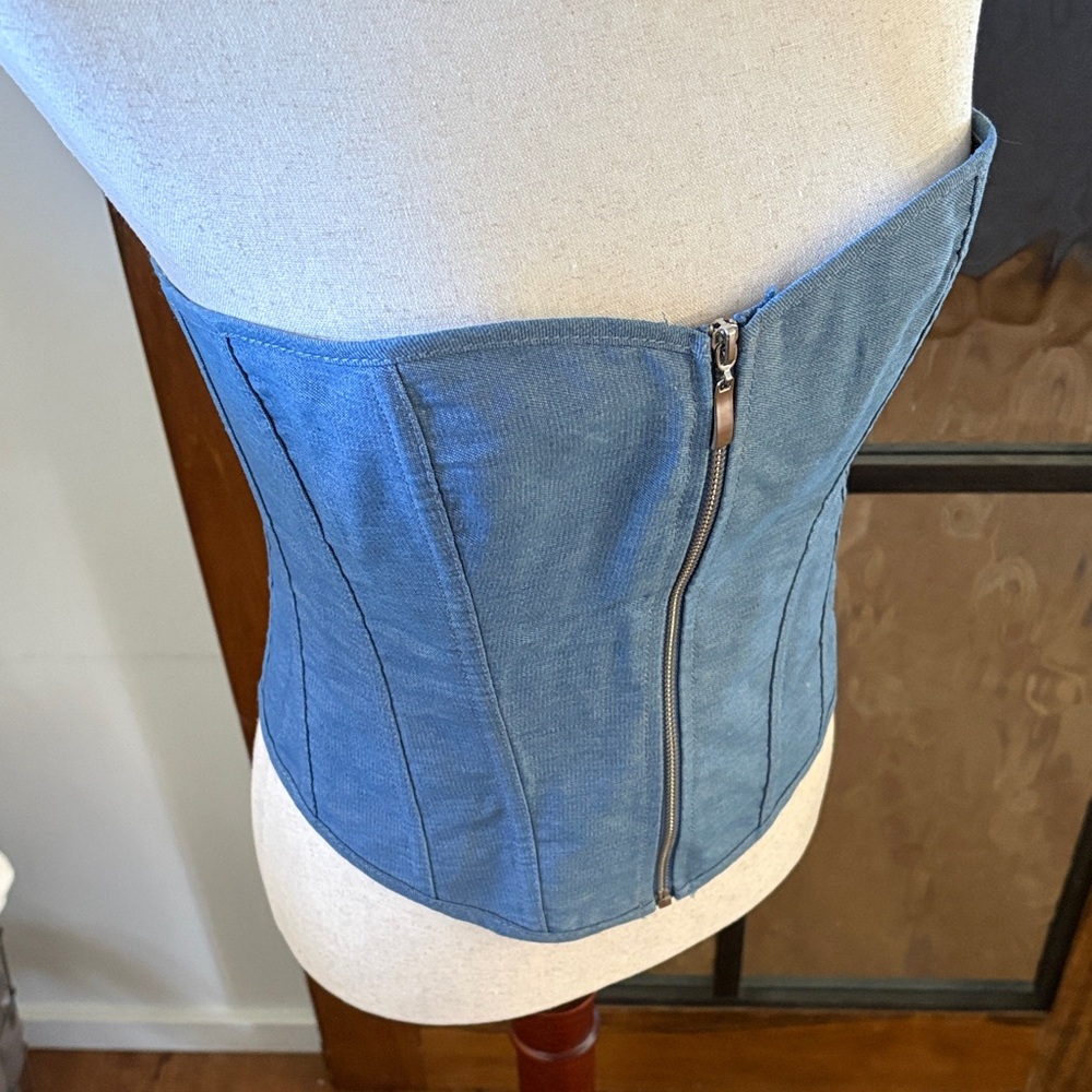 Denim Blue Corset with Zipper front and Black Satin Ribbons